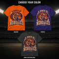 A Bunch of Nobodies tiger graphic T-shirts in orange, purple and dark heather gray against a stadium background