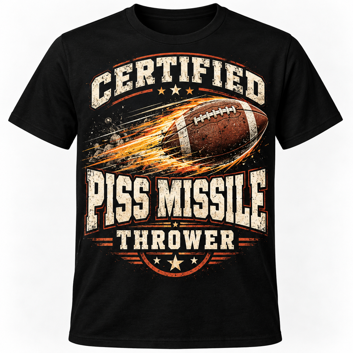 Certified Piss Missile Thrower black football T-shirt mockup