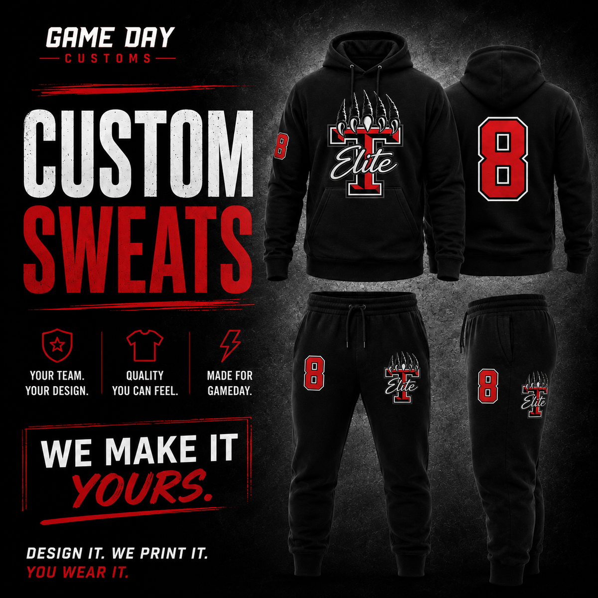 Custom sweats by Game Day Customs featuring personalized team logo and player number