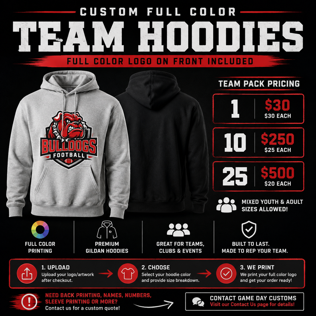 Custom full color team hoodies team pack pricing