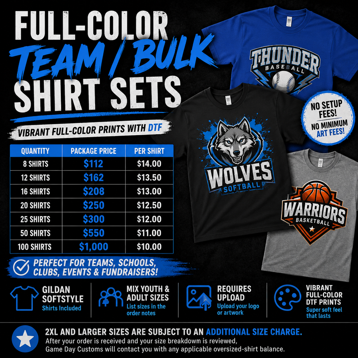 Full-Color Team and Bulk Shirt Sets pricing and product mockup