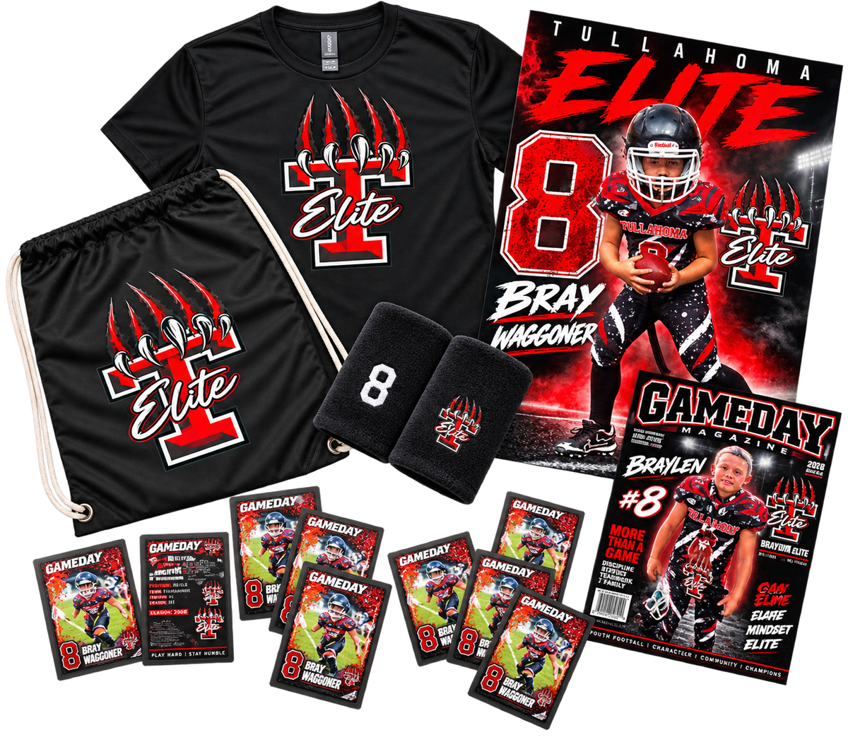 Game Day All-Star Pack with custom shirt, drawstring bag, wristbands, trading cards, poster and magazine cover