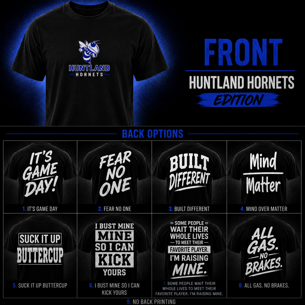Game Day Tee Huntland Hornets Edition with black shirt and back options