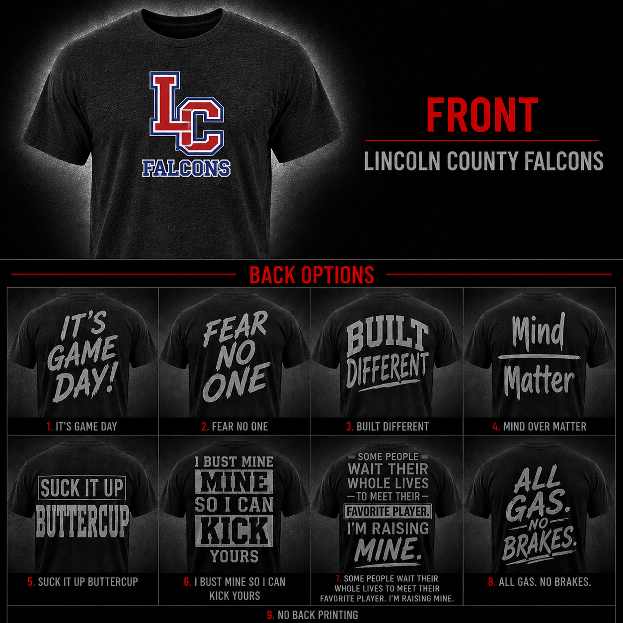 Game Day Tee Lincoln County Falcons Edition front and back options