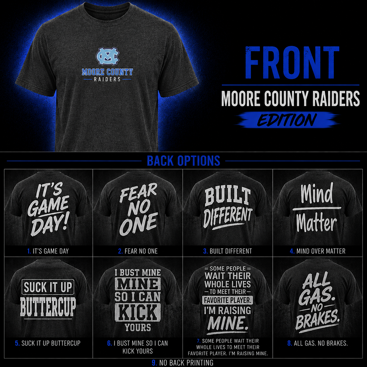 Game Day Tee Moore County Raiders Edition front and back options