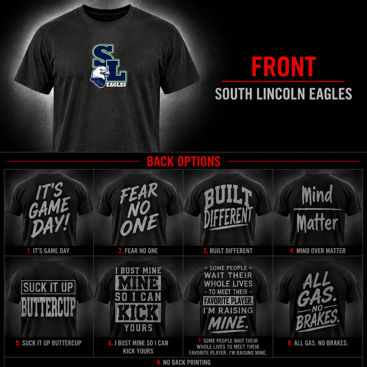Game Day Tee South Lincoln Eagles Edition front and back options