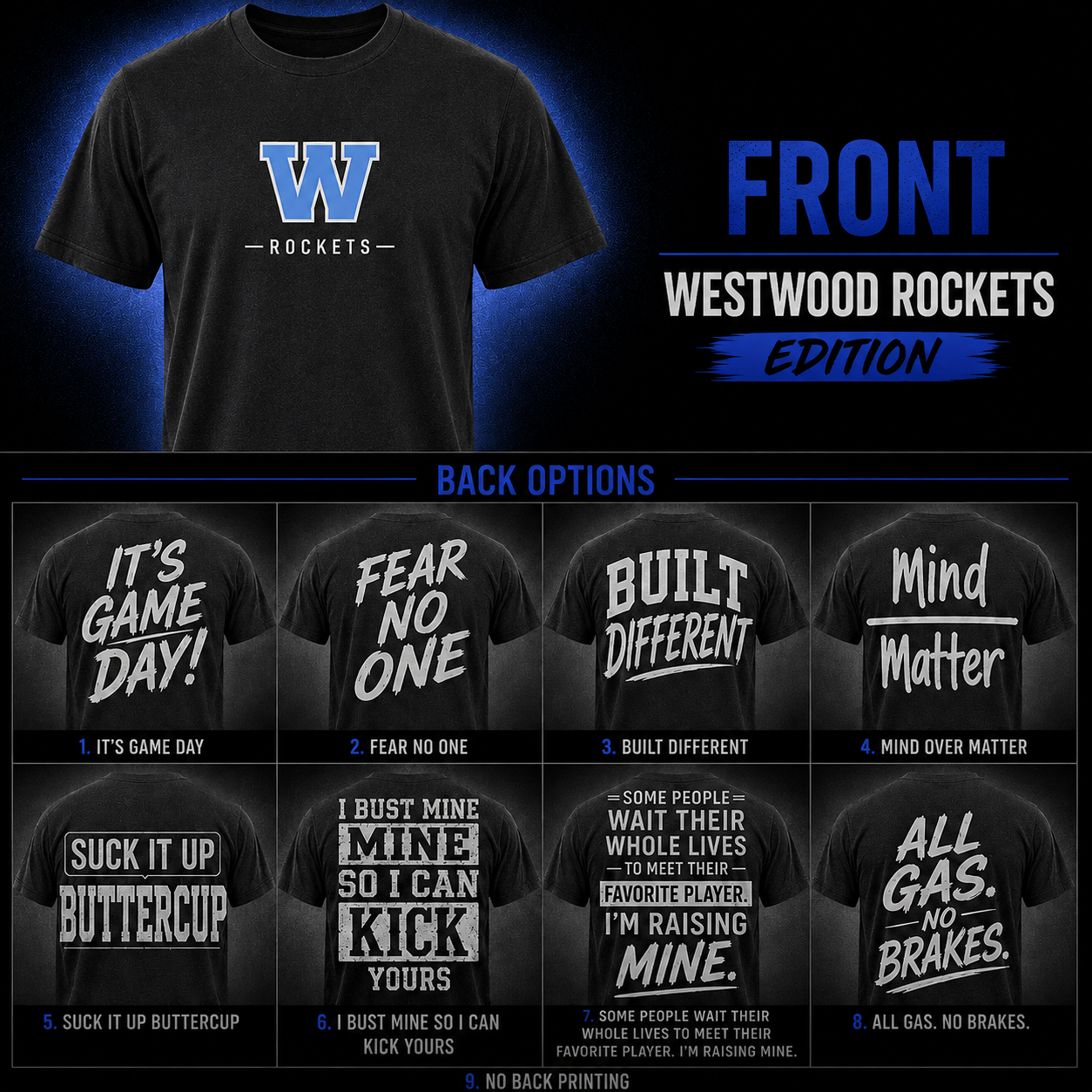 Updated Game Day Tee Westwood Rockets Edition front and back options