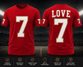 Red LOVE number 7 T-shirt mock-up with front, back and sleeve numbers in white with gold outlines