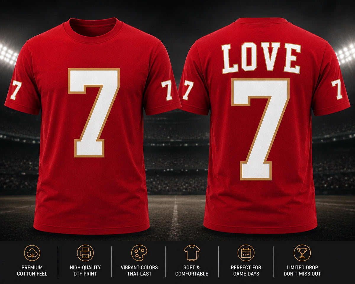 Red LOVE number 7 T-shirt mock-up with front, back and sleeve numbers in white with gold outlines