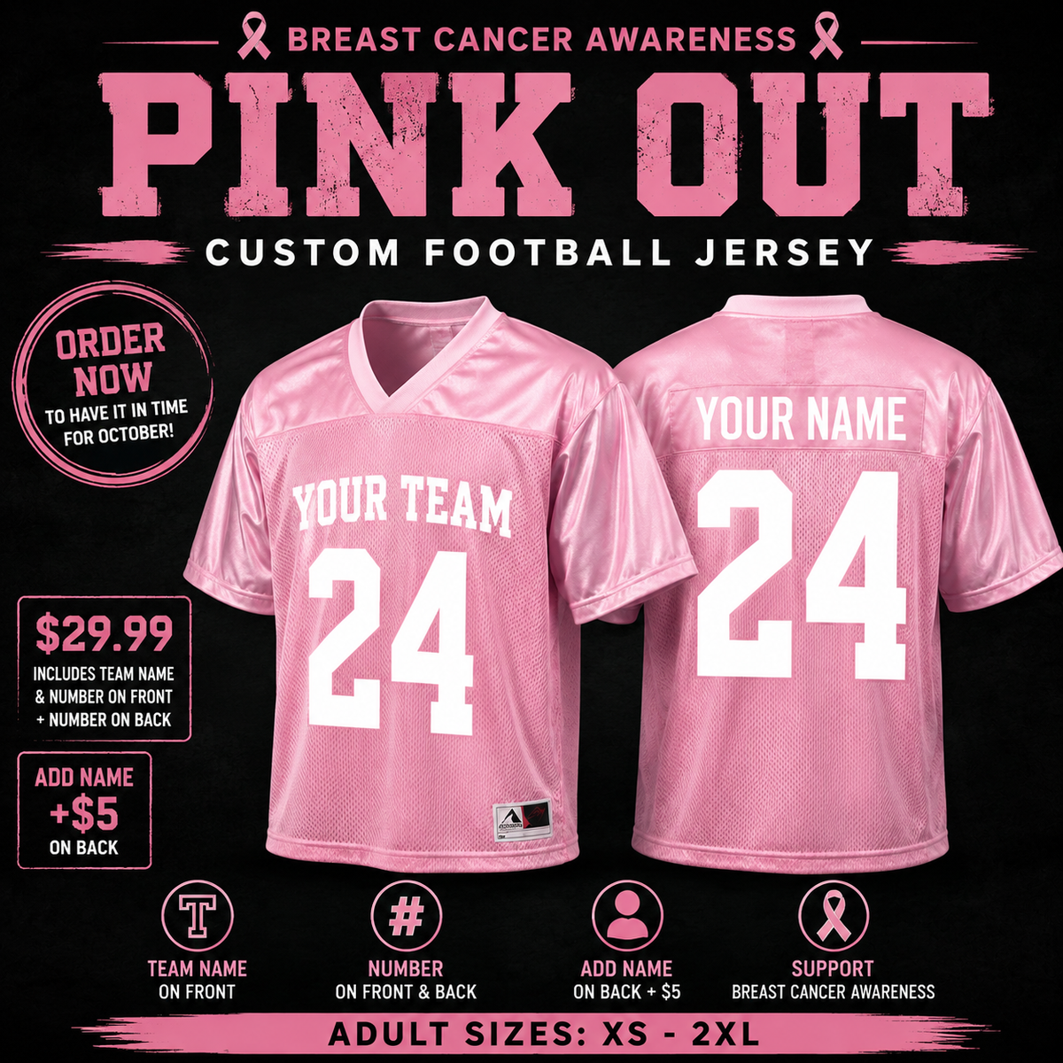 Pink Out custom football jersey with team name and player number