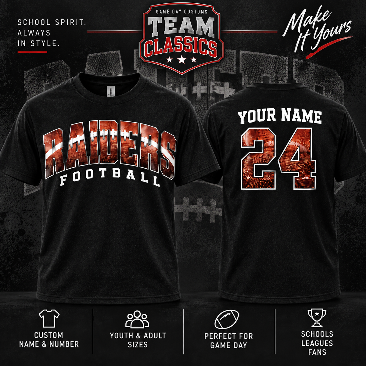 Team Classics Raiders Football Fill custom name and number shirt