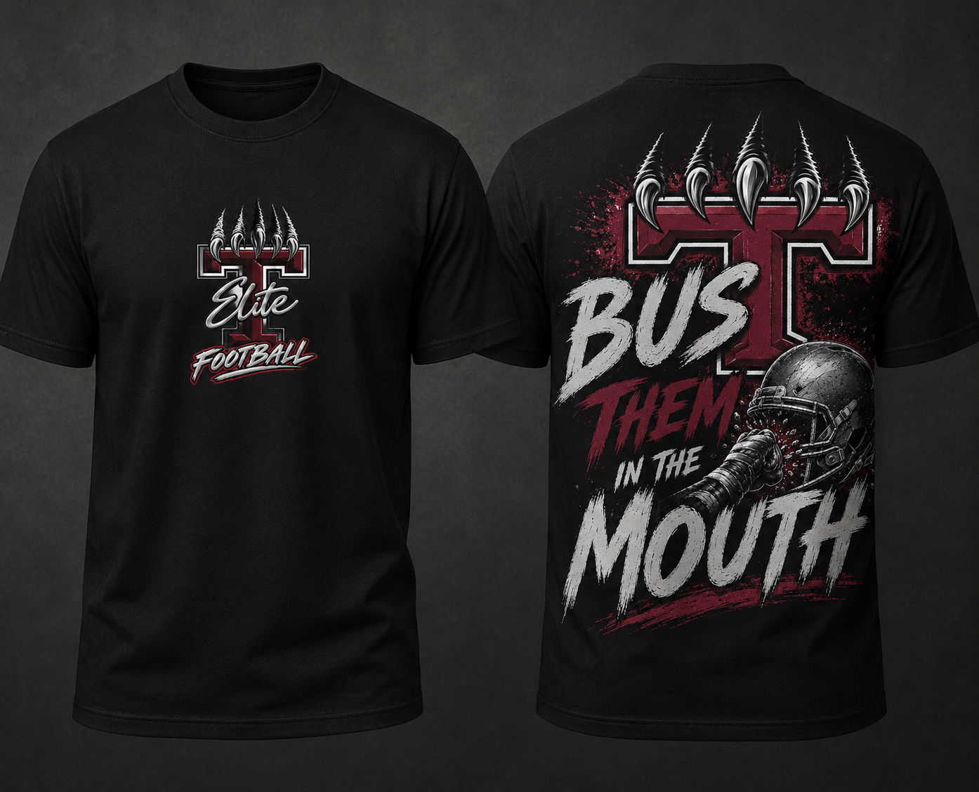 Tullahoma Elite Bust Them in the Mouth black shirt front and back mockup